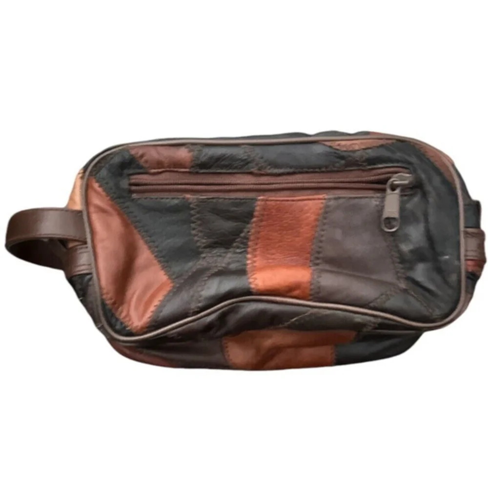 Vintage Leather Patchwork Travel Toiletry Bag Kit Men Case Multi Compartments